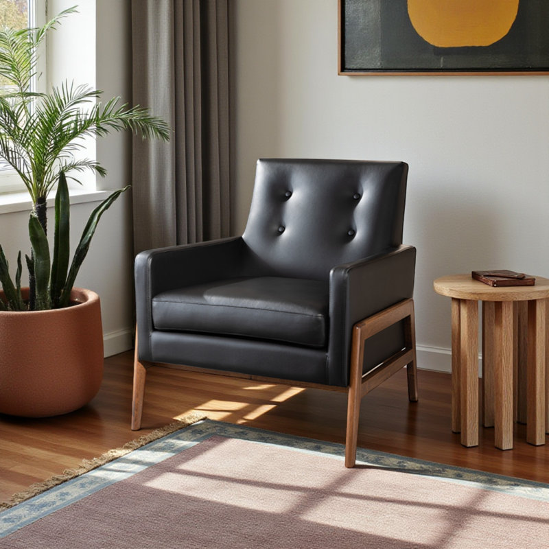 Creal Accent Chair With Faux Leather in Black Finish, 31.69" H X 29.13" W X 29.92" D