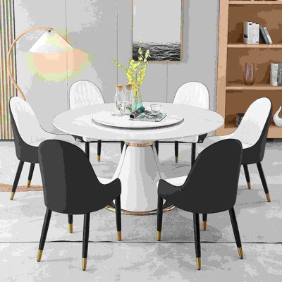 Table de salle à manger ronde pour 6 personnes: pierre frittée avec base en similicuir en forme de pétale, métal, diamètre de 59 po, pétale de fleur de qualité commerciale et fabrication