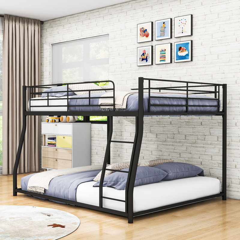 Metal Bunk Bed With Ladder And Guardrails, Full XL Over Queen
