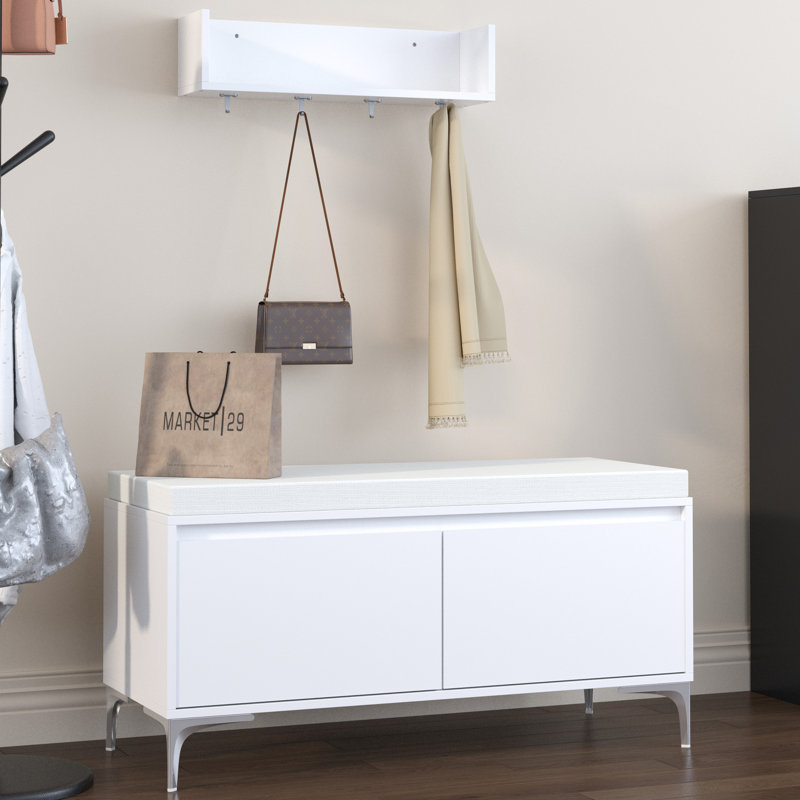 Tablette de rangement murale moderne blanc cassé avec crochets et banc de rangement confortable. Siège rembourré pour un changement de chaussures en douceur. Double porte pour garder le désordre à l'abri des regards. Installation facile