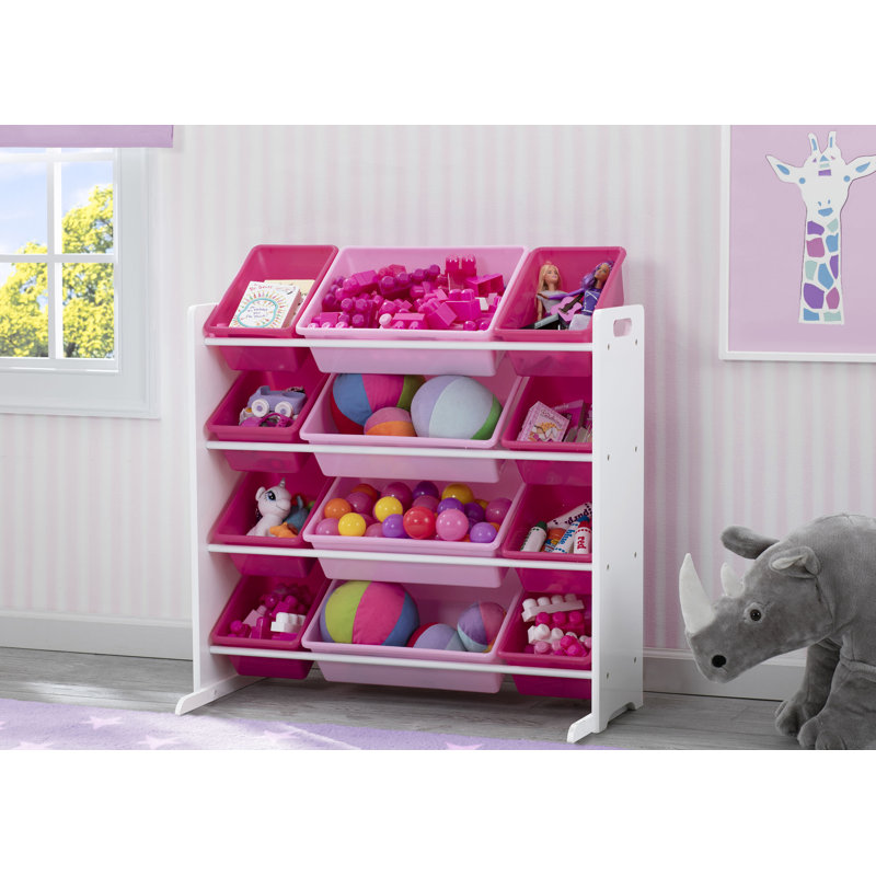 Bianca White and Pink Kids Storage Organizer with 12 Plastic Bins