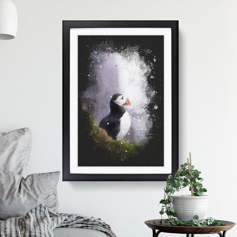 Atlantic Puffin Birds Vol.7 Paint Splash - Picture Frame Graphic Art, 65cm H x 48cm W x 2cm D, Black