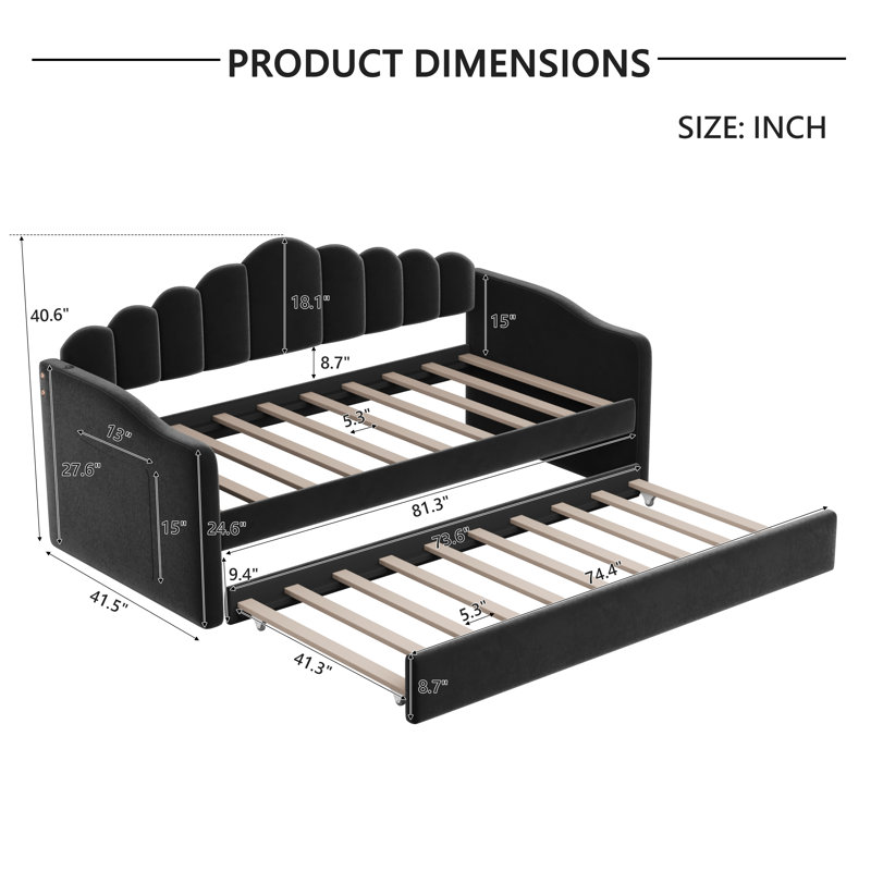 Twin Size Upholstered Daybed with Trundle, Velvet Sofa Bed with USB Charging Ports, No Box Spring Needed, Velvet Black