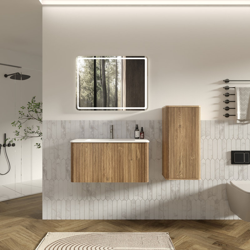 Meuble-lavabo mural simple pré-assemblé avec comptoir avec trop-plein 30 po Hannemarie, Chêne brut, Matte White, 30"