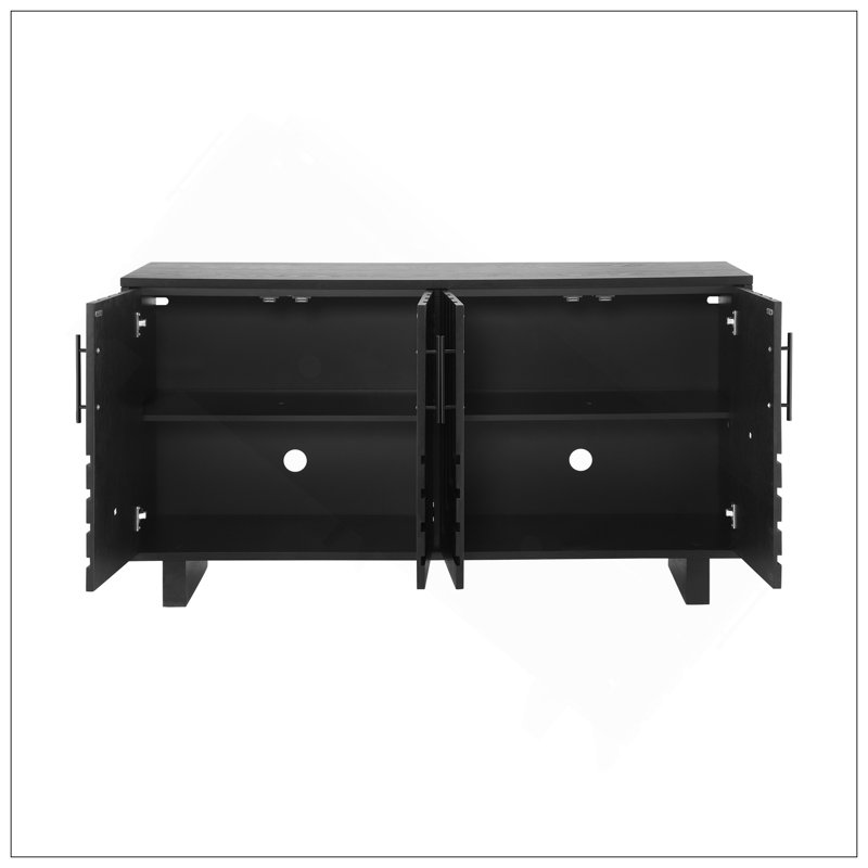 Buffet moderne, armoire de rangement 59 po x 15,75 po x 32,5 po avec 4 portes, panneau de fibres à densité moyenne et placage de frêne, avec poignées en métal, finition noire, convient au rangement de la salle à manger / salon