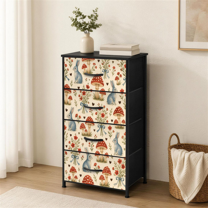 Commode à 4 tiroirs pour la chambre à coucher, fantaisiste, lapins de forêt, champignons, fleurs, petite commode à vêtements pour commode avec commode