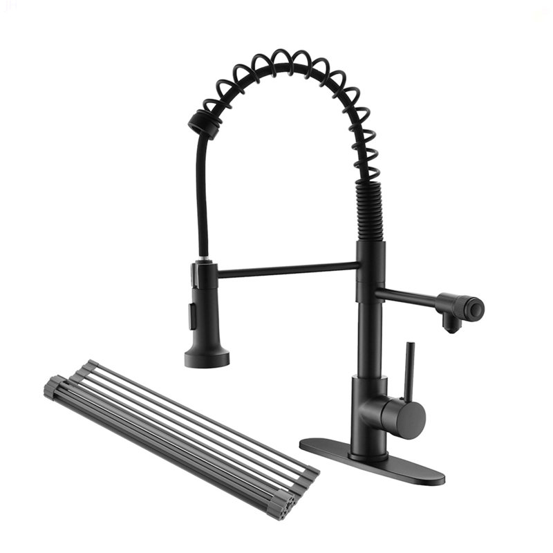 Robinet de cuisine de purificateur d'eau potable avec support de séchage pour vaisselle, robinet d'évier de cuisine rétractable (noir mat)