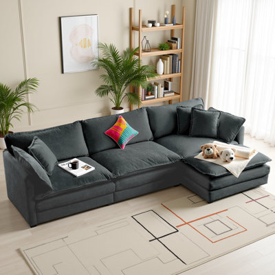 Modular L-Shaped Chenille Sectional Sofa with Reversible Ottoman - 4-Seater Upholstered Couch, Breathable Fabric & Easy Assembly