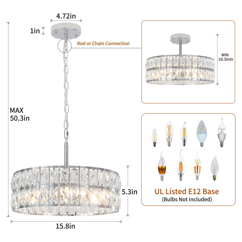 Lustre tambour en cristal 5 lumières Khyryn, Chrome chrome