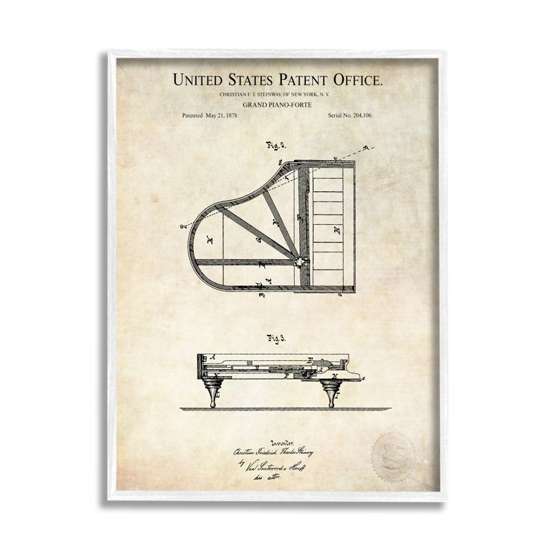 Schéma rétro détaillé d'un piano à queue, Plaque murale, L 16 po x H 16 po