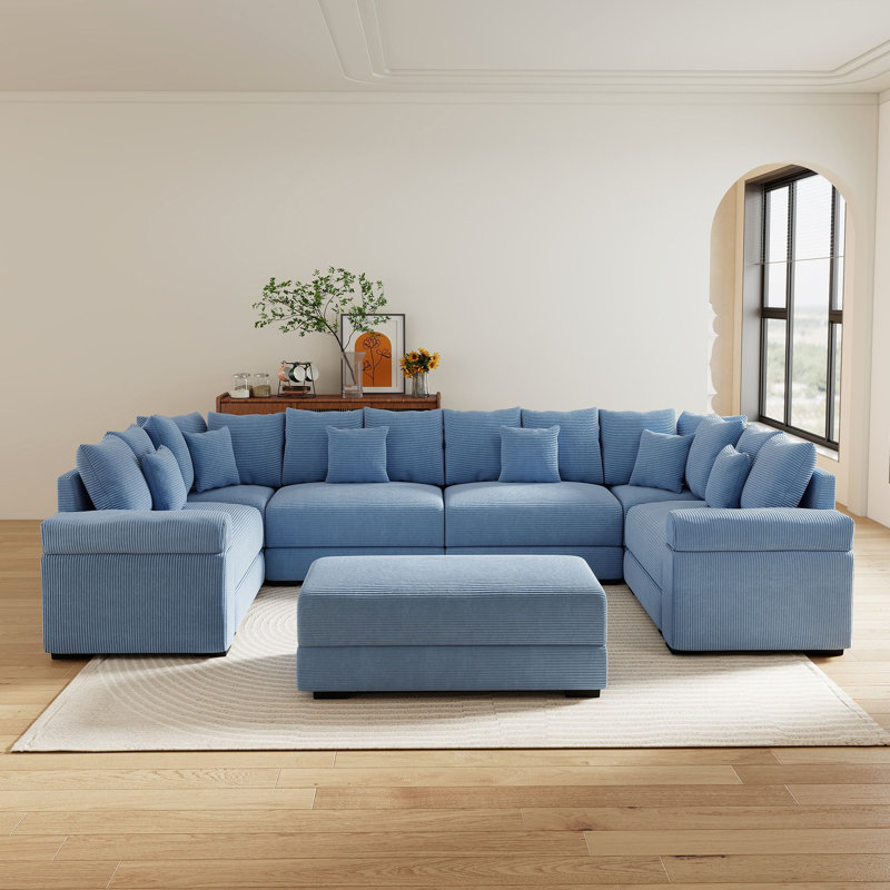 7-Piece 137.9" Wide Modular Sectional Sofa Oversized Corduroy Deep Seat Cloud Corner Couch With 46" W Movable Ottoman & Pillows