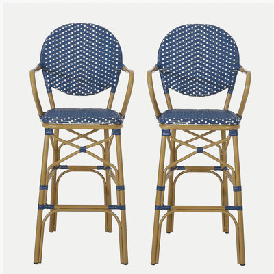 Outdoor Wicker and Aluminum 29.5" French Barstools, Set of 2, Navy Blue, Bamboo Print Finish