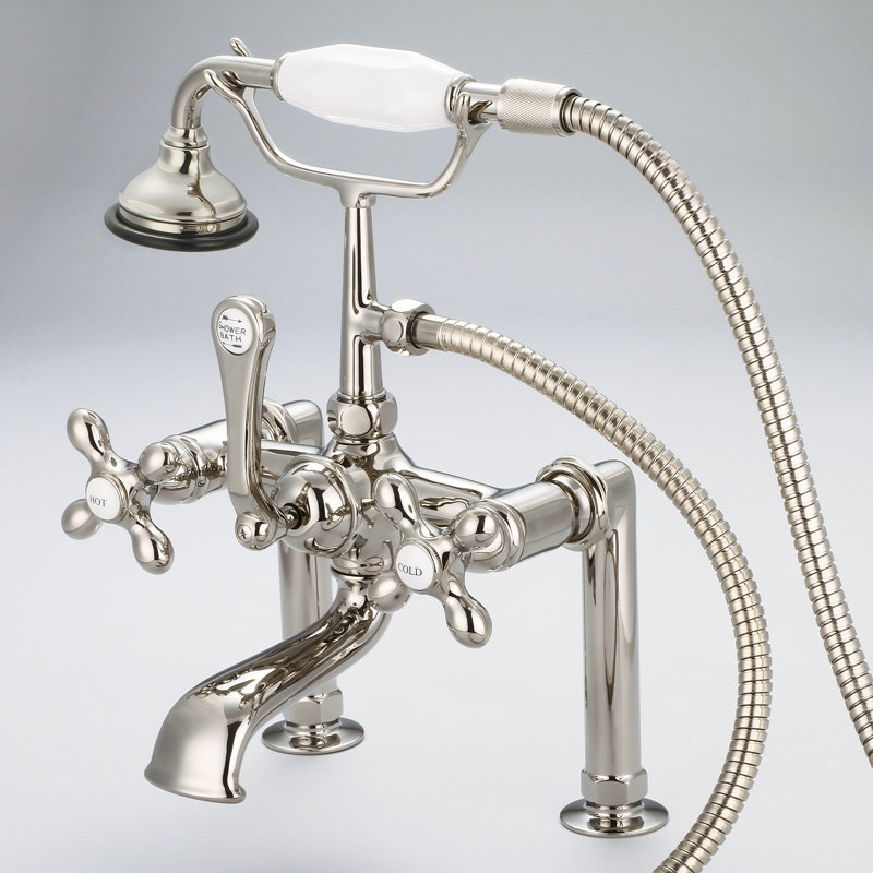Stonington Deck Tub Spout, Cross Handles, Polished Nickel