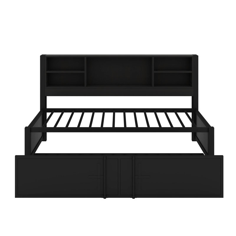 Metal Twin Size Daybed With Trundle, Shelves And USB Ports, Black