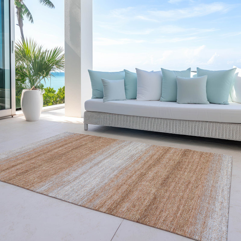 Copper and Beige 10' x 14' Synthetic Stripe Washable Rug