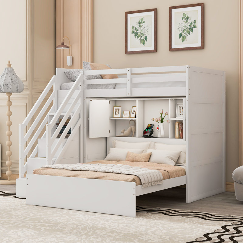Twin over Full Bunk Bed with Storage Stairs, Wardrobe, USB & LED Light, Kids Bunk Bed, White, White