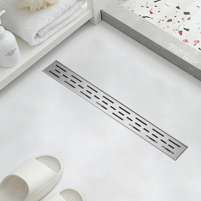 Brushed Nickel Stainless Steel Rectangle Shower Floor Drain,24-Inch Linear Drain With Leveling Feet,Hair Strainer,Removable Bar Pattern Grate