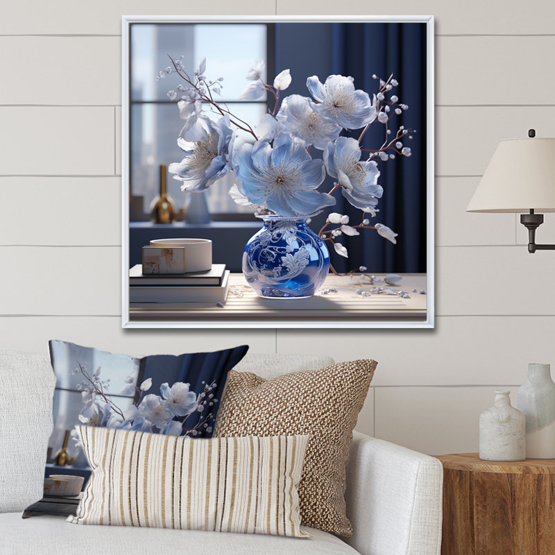 Arrangement de fleurs d'hibiscus bleu azur sur toile, Cadre flottant blanc, 24" H x 24" W
