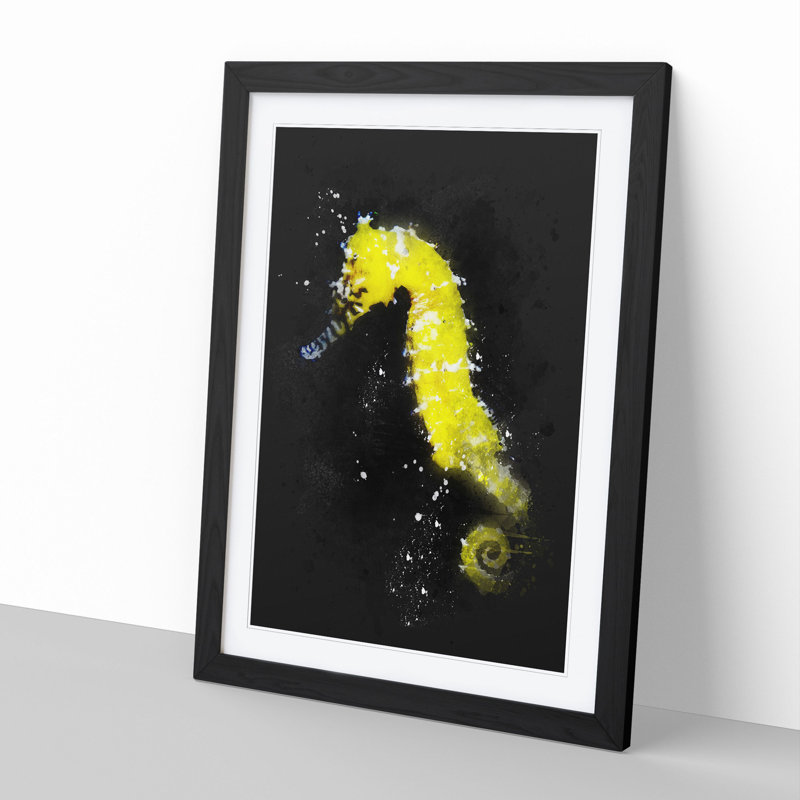 Yellow Seahorse Paint Splash - Picture Frame Graphic Art, 65cm H x 48cm W x 2cm D, Black