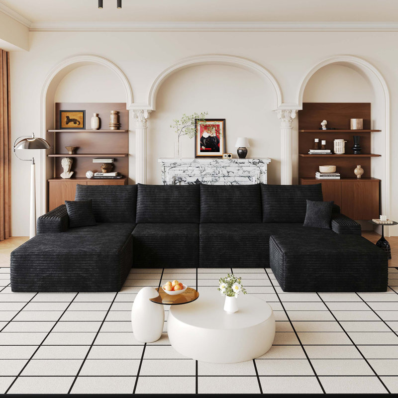 Canapé d'angle Cloud 135 avec pouf, canapé moderne et minimaliste en forme de U, Velours côtelé noir, Orienté vers la gauche