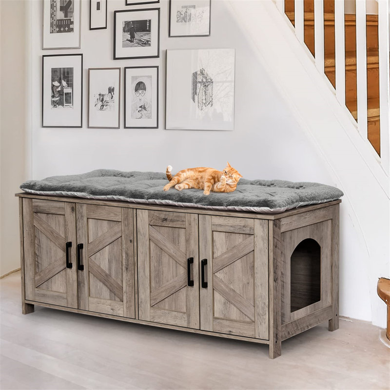 Greige Wooden Dual Room Cat Litter Box Enclosure