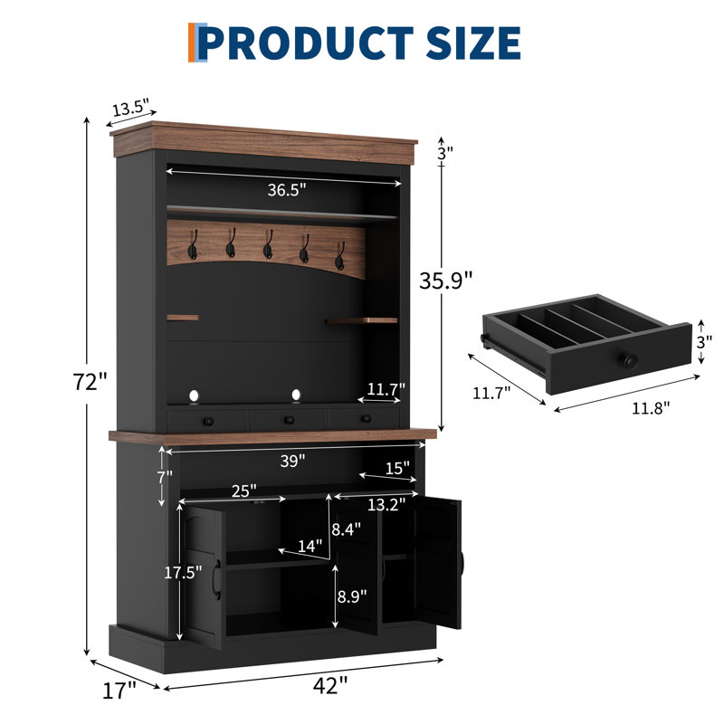 Coffee Bar Cabinet with LED Light, 72" Tall Farmhouse Coffee Bar Hutch with Storage, Sideboard Buffet Cabinet with Microwave Stand/Glass Shelf/6 Hooks/3 Drawers for Kitchen Living Dining Room