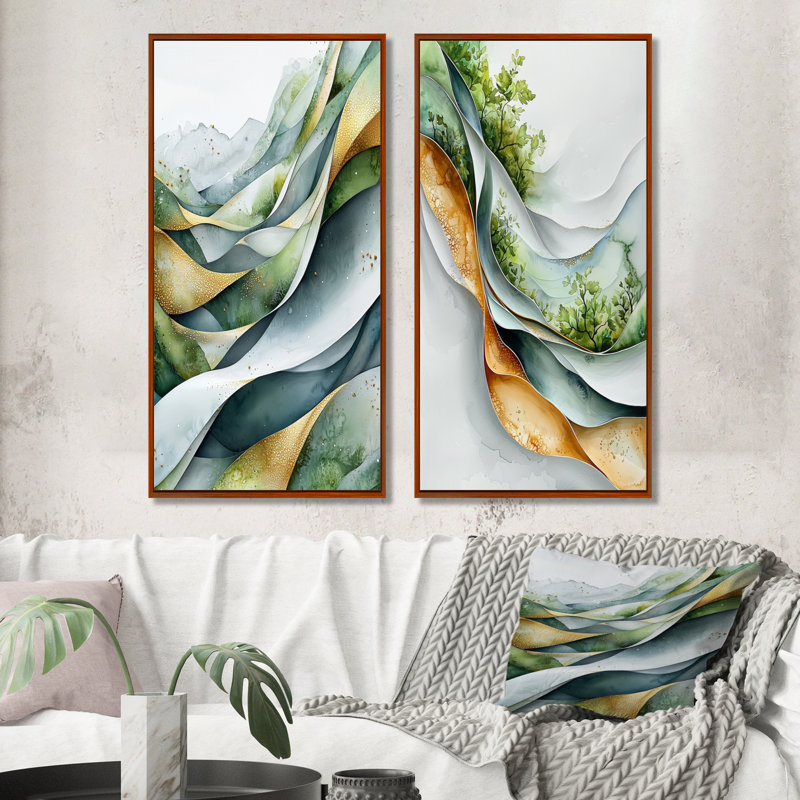 Nature Whispers Of Hard Edge, peinture I - art mural abstrait 2 panneaux, H 28 po x l 25 po, Cadre flottant brun