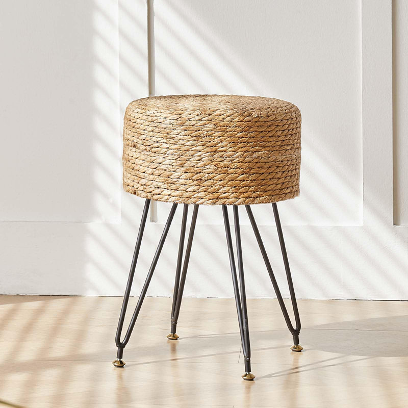 Repose-pieds tissé à la main à motif de ruppie maritime naturelle, tabouret de coiffeuse multifonctionnel moderne, tabouret avec repose-pieds et pieds en métal, couleur naturelle