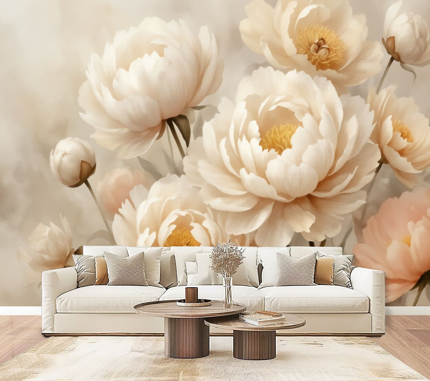 Red Barrel Studio Peel and Stick Wallpaper Soft Beige Peony Blooms ...
