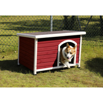 Niche pour chien d'extérieur rouge moyen - Toit 100% bois massif imperméable, pieds surélevés réglables pour plancher, rideau de porte pour chiens jusqu'à 70 lb naturel