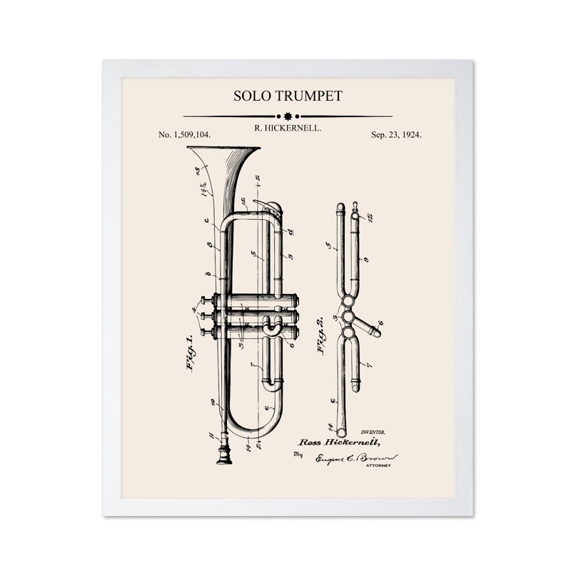 Trompette Blueprint No2, Poster, 08"H x 10"W, Brown Framed