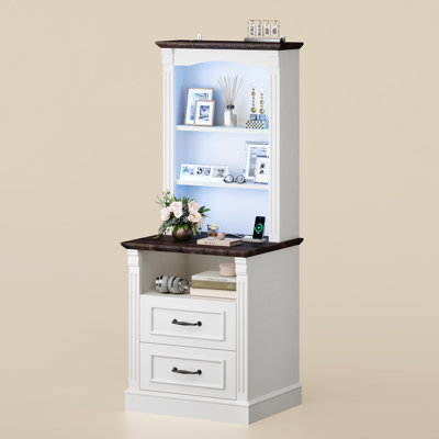 Farmhouse Tall Nightstand With Charger Station And Led Lights, Bedside Table With 2 Drawers And Adjustable Shelves For Bedroom Living Room, Antique Wh