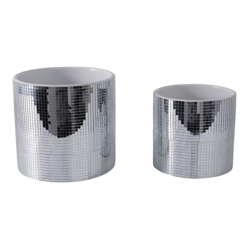 Sagebrook Home Elegant Silver Ceramic Disco Planter, 2-Pieces