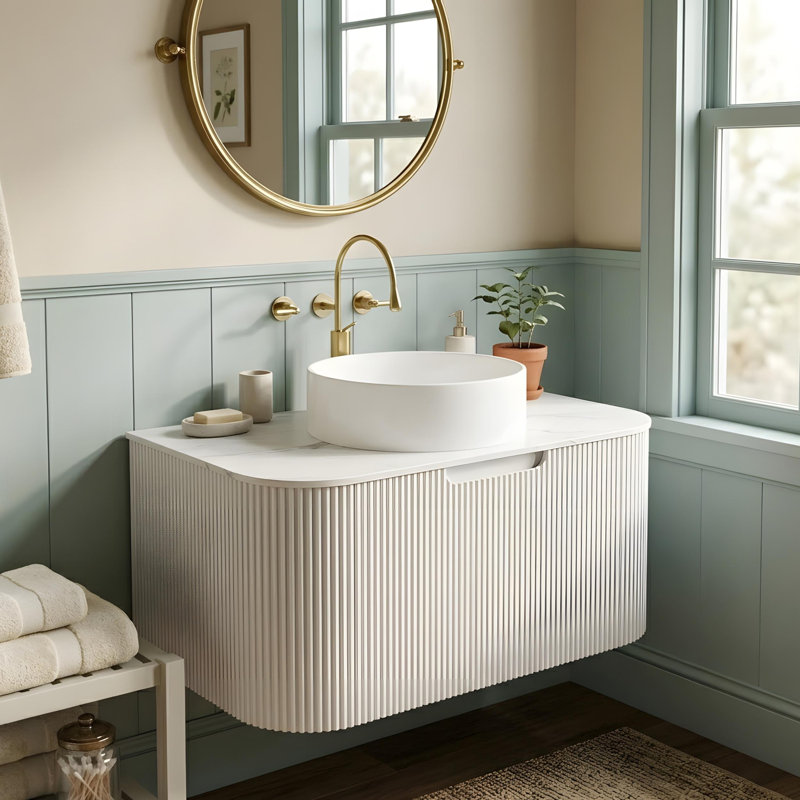 Meuble-lavabo avec tiroirs, lavabo rond en céramique blanche et comptoir en pierre frittée, 30"