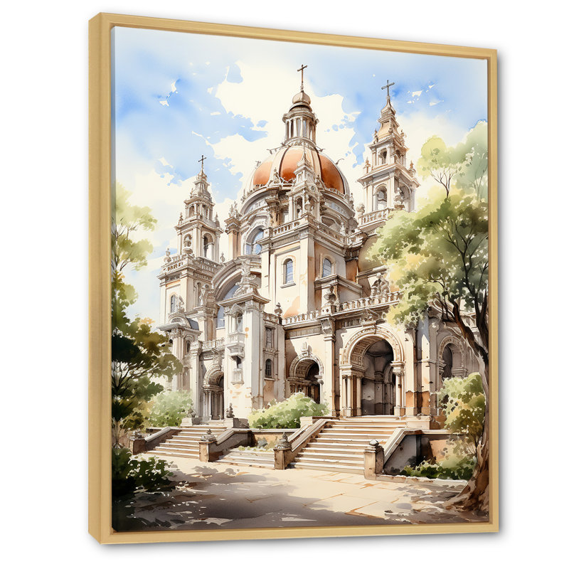 Yamileth, beige, vert, Mexique, cathédrale de Pueblas, architectural, H 20 po x l 12 po x P 1 po, Cadre naturel flottant