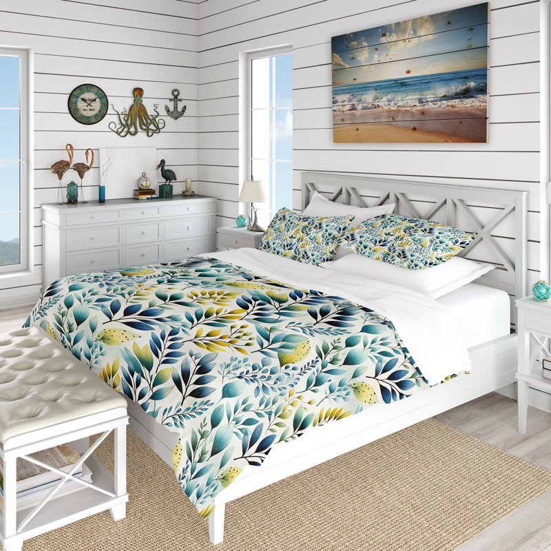 Ensemble de housse de couette Watercolor Blue Foliage, Housse de couette simple + 1 taie décorative stan