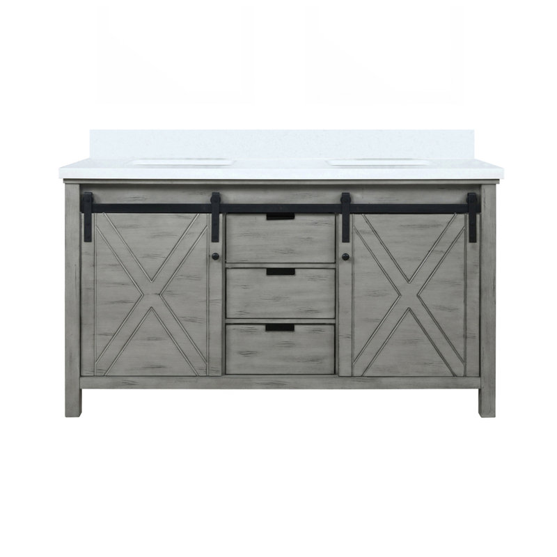 Meuble-lavabo double gris cendré 60 po X P 22 po D, avec comptoir en marbre de culture, Bois de frêne gris, 60"