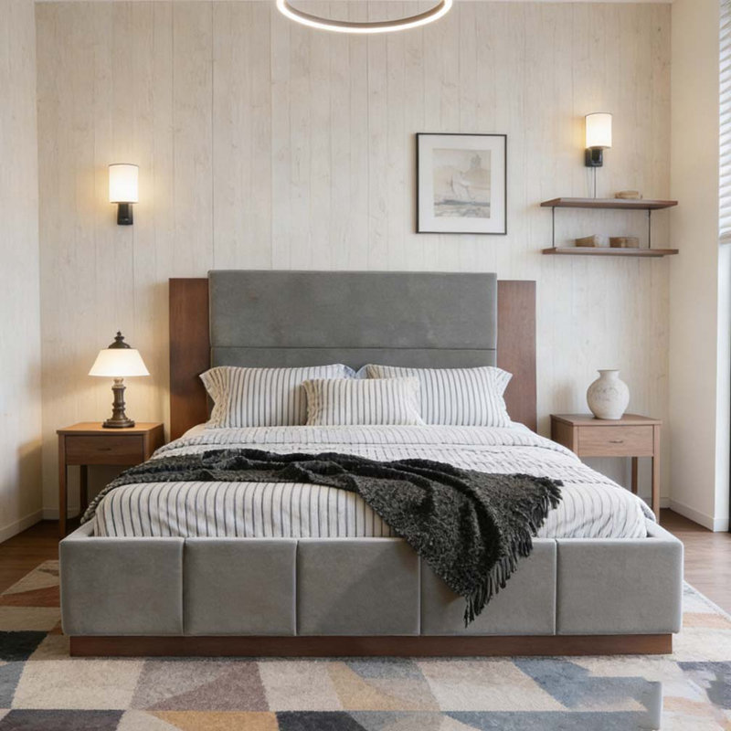 Structure de lit plateforme tapissier avec base en bois, aucun sommier nécessaire, Gris, Grand lit