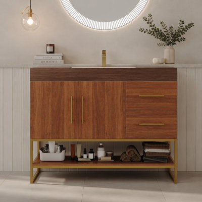  36” Modern Bathroom Vanity with Sink, Sintered Stone Countertop & Ceramic Basin, Waterproof Wood Storage Cabinet with Stainless Steel Support Legs