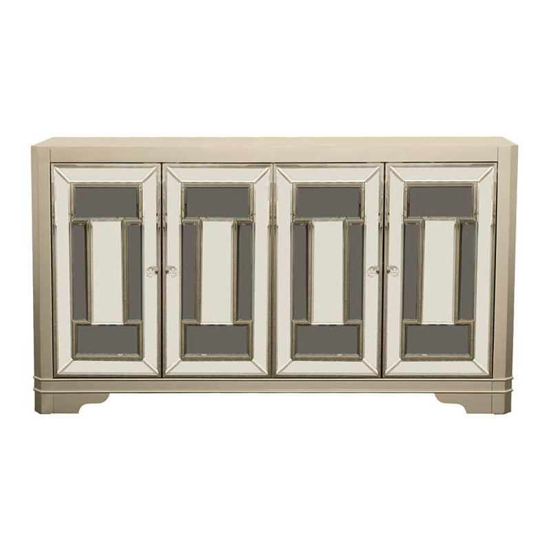 Champagne Mirrored 4-Door Accent Cabinet with Crystal Knobs