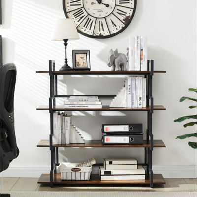 4 Tier Office Bookcase Shelf Rustic Wood Metal Bookshelves Freestanding Open Book Shelf, Industrial Tall Corner Bookcase Easy To Assemble For Home Office, Living Room And Bedroom