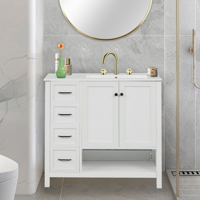 Ensemble de meuble-lavabo 36 po avec lavabo, armoire de salle de bain avec tiroir et porte, tablette ouverte, bois massif et panneau de fibres à densité moyenne, finition peinte
