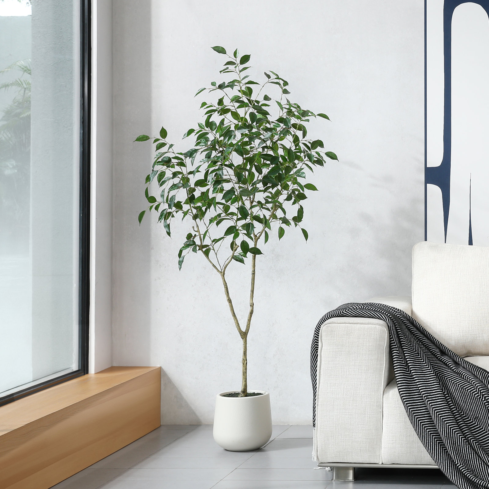 Anasta Faux Ficus Tree with Oval White Planter, Pre Potted Faux Greenry Plant for Home Decor, 60" H x 20" W x 20" D