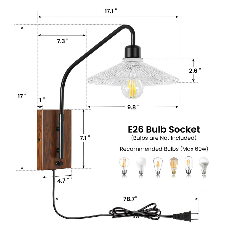 2 - Light Plug in Swing Arm Wall Sconces with Glass Shade, Matte Black