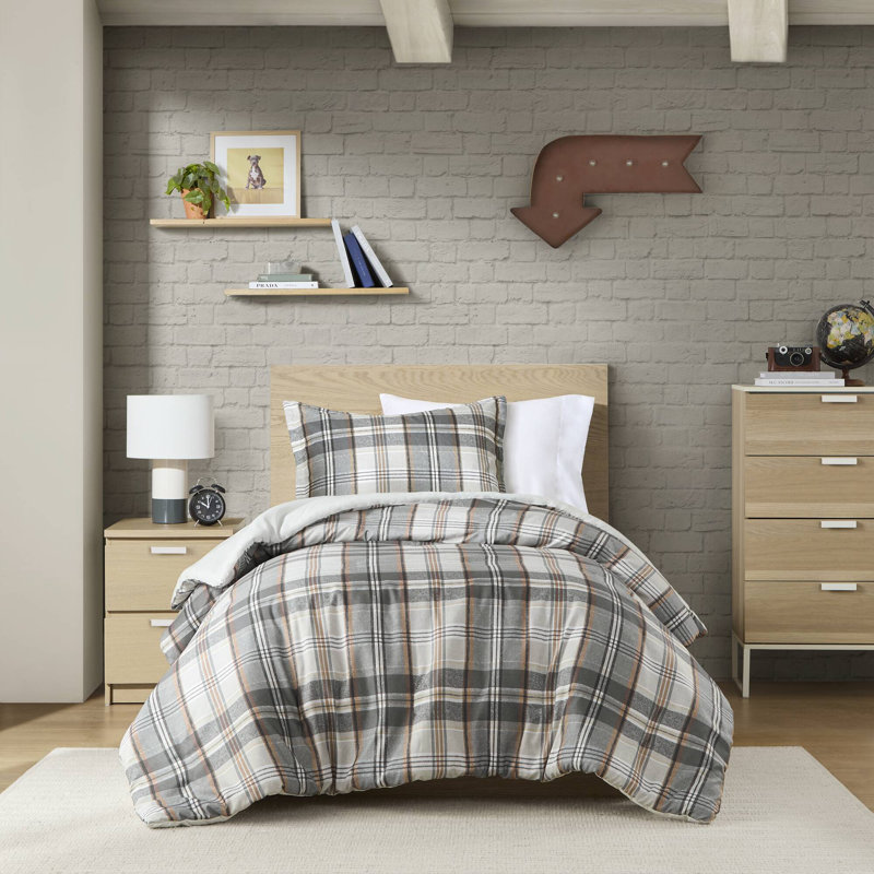 Tan and Gray Plaid Cotton Full/Queen Duvet Cover Set