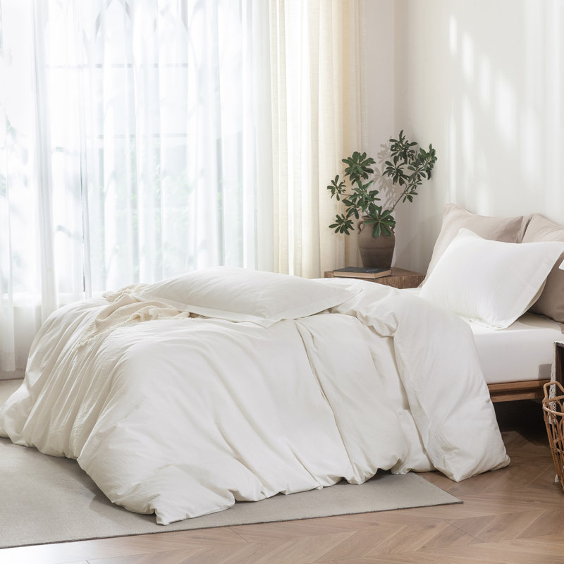 Solayne 100% Washed Cotton Duvet Cover Set with Faux Hemp Texture, Solid Color, Zipper Closure and Corner Ties, Milky White