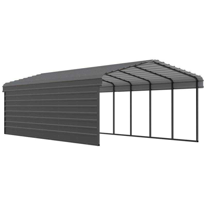 Charcoal Steel Peak Carport with Enclosure, 12 x 29 x 7 ft.