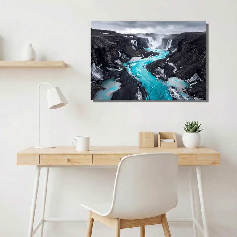 «Turquoise River Through Dark Rocky Canyon And Waterfalls», art mural, 16"H x 24"W