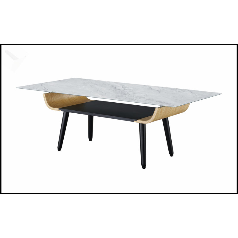 Table basse Landon de 47 pouces avec texture marbre gris verre et design en bois cintré pour une élégance moderne, Gris