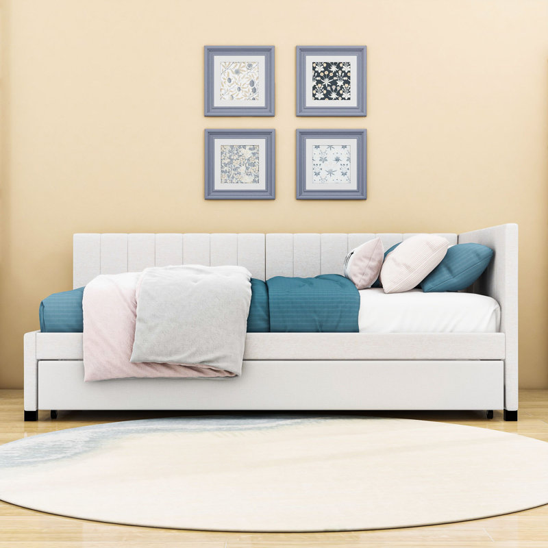 Linen Upholstered Daybed with Twin Trundle, Beige, Twin
